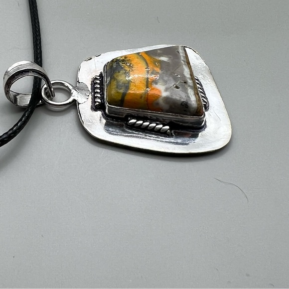 New Bumble Bee Jasper Stone Silver Overlay Pendant Necklace w Cord Bumblebee - Picture 3 of 6